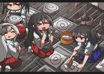  &gt;_&lt; akagi_(kantai_collection) bad_id bad_pixiv_id black_hair closed_eyes glue hairband highres kaga_(kantai_collection) kakuzatou_(koruneriusu) kantai_collection long_hair multiple_girls muneate open_mouth paintbrush pleated_skirt seiza shoukaku_(kantai_collection) side_ponytail sitting skirt smile sweat target_practice tongue tongue_out trim_brush twintails white_hair zuikaku_(kantai_collection) 