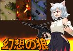  animal_ears assault_rifle bare_shoulders battle commentary_request cowl crossover d: detached_sleeves explosive fang fighting_stance flamethrower gameplay_mechanics grenade gun inubashiri_momiji iromeki_overdrive kawashiro_nitori m4_carbine no_hat no_headwear open_mouth parody pom_pom_(clothes) red_eyes rifle screencap senjou_no_ookami short_hair side_cutout skirt solo touhou trigger_discipline v-shaped_eyebrows video_game weapon white_hair wolf_ears 