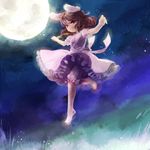  animal_ears barefoot brown_hair carrot carrot_necklace dress inaba_tewi jewelry kayako_(tdxxxk) moon necklace pendant pink_dress red_eyes solo touhou 