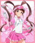  :d ball blush brown_eyes brown_hair golf golf_ball golf_club grin idolmaster idolmaster_million_live! looking_at_viewer matsuda_arisa official_art open_mouth skirt smile solo twintails visor_cap 