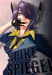  banpei character_name cigarette commentary cosplay cowboy_bebop eyepatch gloves headgear kantai_collection necktie purple_hair shirt short_hair signature smoking solo spike_spiegel spike_spiegel_(cosplay) tenryuu_(kantai_collection) yellow_eyes yellow_shirt 