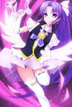  amane_satsuki boots brooch cure_fortune earrings fortune_tambourine hair_ornament happinesscharge_precure! hikawa_iona jewelry long_hair magical_girl md5_mismatch necktie ponytail precure purple_background purple_eyes purple_hair purple_skirt skirt smile solo thigh_boots thighhighs very_long_hair white_legwear wide_ponytail wings zettai_ryouiki 