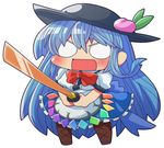  :d bad_id bad_pixiv_id blue_hair bow chibi hat hinanawi_tenshi holding kakuzatou_(koruneriusu) long_hair looking_at_viewer o_o open_mouth simple_background smile solo sword sword_of_hisou touhou v-shaped_eyebrows weapon white_background 