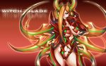  1girl armor black_sclera breasts cameltoe female gloves green_eyes hair_over_one_eye hand_on_breast large_breasts momofuki_rio navel nora nora_(witchblade) orange_hair simple_background solo witchblade 