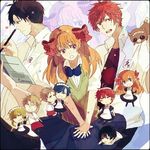  4boys a_o_ume apron bow chibi gekkan_shoujo_nozaki-kun hori_masayuki kashima_yuu maid maid_apron maid_headdress mikoshiba_mikoto miniskirt multiple_boys multiple_girls nozaki_umetarou orange_hair pleated_skirt polka_dot polka_dot_bow rouman_academy_uniform sakura_chiyo school_uniform seo_yuzuki skirt tanuki wakamatsu_hirotaka zoom_layer 