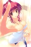  :p absurdres alternate_hairstyle amazuyu_tatsuki armpits bangs bare_shoulders bathroom bathtub blurry breasts brown_eyes cleavage curtains depth_of_field fingernails hair_bun hair_up highres indoors kousaka_tamaki large_breasts long_fingernails naked_towel official_art outstretched_arm ponytail red_hair scan short_hair sidelocks standing standing_on_one_leg taut_clothes to_heart_2 tongue tongue_out towel water wet wet_hair 