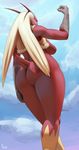  anthro ass avian blaziken blonde_hair blue_eyes breasts butt female from_below furry gradient gradient_background huge_ass large_breasts looking_at_viewer looking_back nintendo nipples nude personification pienji pok&eacute;mon pokemon side_boob solo thick_thighs video_games wide_hips 