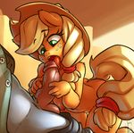  2014 anthro anthrofied applejack_(mlp) atryl balls blonde_hair breasts clothing cowboy_hat female freckles friendship_is_magic green_eyes hair hat humanoid_penis licking male my_little_pony nipples nude oral oral_sex penis ponytail pussy saliva sex shirt siden tongue tongue_out 