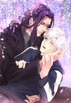  berserker_(fate/zero) black_eyes black_hair blue_eyes fate/zero fate_(series) flower formal heterochromia holding hood hoodie lancelot_(fate/zero) long_hair low_ponytail male_focus matou_kariya multiple_boys petals purple_hair suit sunday31 white_hair wisteria 