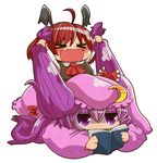  &gt;_&lt; :d ahoge bad_id bad_pixiv_id bat_wings book closed_eyes crescent fang hat holding holding_book kakuzatou_(koruneriusu) koakuma long_hair lying mob_cap multiple_girls on_stomach open_mouth patchouli_knowledge purple_eyes purple_hair reading red_hair smile touhou wings xd younger 