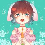  animal_ears bad_id bad_pixiv_id blush body_blush brown_hair bunny_ears carrot choker heart inaba_tewi open_mouth red_eyes rekytora solo touhou 