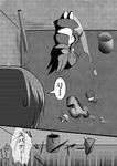  comic commentary fairy_(kantai_collection) female_admiral_(kantai_collection) folded_ponytail greyscale hair_ornament hairclip ikazuchi_(kantai_collection) inazuma_(kantai_collection) kantai_collection long_hair meitoro monochrome multiple_girls school_uniform serafuku short_hair skirt somersault translated wrench 