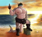  2018 5_fingers ammo_box anthro balls_outline beach black_hair blue_eyes blurred_background boots bulge clothed clothing drakians fish fluffysnowmeow footwear front_view glowing glowing_eyes grin hair hi_res holding_penis looking_at_viewer male marine muscular muscular_male navel nipples outside penis penis_outline seashell seaside shark smile solo standing topless water 