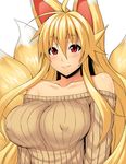  1girl animal_ears blonde_hair breasts erect_nipples fox_ears fox_tail huge_breasts izuna_(shinrabanshou) red_eyes solo somejima sweater tail 