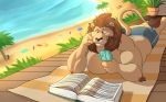  2018 5_fingers anthro beach blue_eyes book brown_fur brown_hair butt clothed clothing depth_of_field dessert feline fluffysnowmeow food fur group hair hi_res holding_object ice_cream leolex lion lying male mammal on_front outside pantherine reading seaside solo_focus topless towel water 
