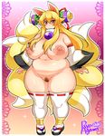  1girl agawa_ryou animal_ears areolae blonde_hair breasts detached_sleeves fat female fox_ears fox_tail hair_ornament huge_breasts izuna_(shinrabanshou) large_areolae long_hair multiple_tails navel nipples nude pubic_hair puffy_nipples pussy red_eyes sandals shinrabanshou solo standing tail thighhighs uncensored white_legwear white_thighhighs 