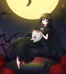  akemi_homura barefoot black_hair braid dress familiar_(madoka_magica) feathers floating flower full_moon funeral_dress hairband highres k1_(erin22) lilia_(madoka_magica) long_hair looking_at_viewer lotte_(madoka_magica) mahou_shoujo_madoka_magica mahou_shoujo_madoka_magica_movie moon night night_sky polearm purple_eyes sky smile spear spider_lily spoilers tooth twin_braids weapon 