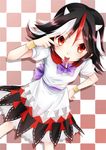  black_hair bow highres horns kijin_seija komiru multicolored_hair red_eyes red_hair short_hair streaked_hair tongue touhou v 