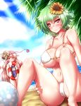  ball beach beachball bikini blue_sky blush breasts cameltoe cloud collarbone covered_navel covered_nipples day face_mask flower green_hair hair_flower hair_ornament hata_no_kokoro highres innertube kazami_yuuka large_breasts long_hair mask micro_bikini multiple_girls outdoors palm_tree pink_eyes pink_hair school_swimsuit shochuumimai sitting skindentation sky smile spread_legs sunflower swimsuit touhou tree underboob very_long_hair white_bikini zan_(harukahime) 