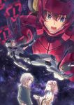  2boys bad_id bad_pixiv_id blue_eyes brown_hair child closed_eyes hair_bun helmet highres kakumeiki_valvrave l-elf lieselotte_w_dorssia long_hair multiple_boys night night_sky open_mouth outstretched_arm pilot_suit pink_hair purple_eyes robe short_hair silver_hair sky smile spacesuit star_(sky) starry_sky suco_(anya1218) time_paradox tokishima_haruto v younger 