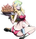 1girl ass back blonde_hair boobies_uniform curly_hair erect_nipples female food hairband holding holster honey_(space_dandy) looking_at_viewer makeup midriff solo space_dandy transparent_background 