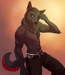  2014 abs alex_nighthound anthro belt black_fur blue_eyes canine dragonnis fur male mammal muscles necklace open_mouth pecs red_fur smile solo standing teeth topless wolf 