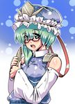  bare_shoulders bespectacled blue_eyes detached_sleeves futaba_suetsuki glasses green_hair hat open_mouth rod_of_remorse shiki_eiki solo touhou 