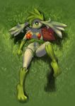  anthro anthrofied blush bra breasts clothing elpatrixf female flower fur grass green_eyes green_fur hair happy hi_res looking_at_viewer lying navel nintendo on_back plant pok&eacute;mon shadow shaymin smile spread_legs spreading underwear video_games white_fur 