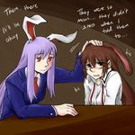 animal_ears blush brown_hair bunny_ears comforting crossover crying crying_with_eyes_open dl english formal lavender_hair long_hair lowres multiple_girls necktie petting red_eyes red_neckwear reisen_udongein_inaba rwby suit tears touhou trait_connection velvet_scarlatina 