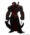  1boy 1man avenger beard belt belts boots cross dnf dungeon_and_fighter facial_hair gloves hood priest red_eyes scar scythe weapon 