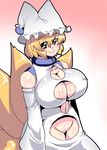  adapted_costume animal_ears bare_shoulders blonde_hair breasts cleavage cleavage_cutout collarbone crotchless_clothes detached_sleeves fox_ears fox_tail futaba_suetsuki hat huge_breasts navel pussy short_hair solo tail touhou yakumo_ran yellow_eyes 