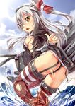  amatsukaze_(kantai_collection) ass black_panties blush brown_eyes covering covering_breasts damaged hairband highres kantai_collection long_hair looking_at_viewer machinery open_mouth packge panties rensouhou-kun silver_hair solo splashing thighhighs torn_clothes torn_legwear turret two_side_up underwear water 
