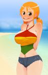  animated animated_gif arms_behind_back beach bikini blush bouncing_breasts breasts denim denim_shorts freckles full-face_blush large_breasts long_hair looking_at_viewer nami_(one_piece) navel nipples one_piece one_piece:_strong_world orange_hair sanji shorts smile solo soumakyo sweat swimsuit tan twintails wardrobe_malfunction 