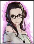  absurdres bare_shoulders black_border border brown_eyes brown_hair commentary_request frostce glasses headphones highres jewelry lips long_hair necklace off_shoulder original smile solo 