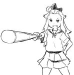  ahoge alternate_costume bow bravely_default:_flying_fairy bravely_default_(series) edea_lee foreshortening greyscale hair_bow hand_on_hip long_hair monochrome school_uniform serafuku shinai sketch skirt solo sword tsukudani_(coke-buta) weapon 