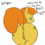  anus back_turned bedroom_eyes blue_eyes clitoris cutie_mark equine female friendship_is_magic fur hair hi_res hooves horse long_hair looking_at_viewer looking_back mammal my_little_pony orange_hair original_character plain_background pony presenting pussy raised_tail smile solo text vulapa yellow_fur 