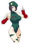  1girl akatsuki_blitzkampf aoi_ship beret blush breasts brown_hair cammy_white cammy_white_(cosplay) female hair_over_one_eye hat kanae leotard looking_at_viewer solo street_fighter 