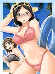  beach bikini black_eyes black_hair brown_hair frilled_bikini frills glasses grey_bikini hand_on_hip hand_on_own_head headgear hiei_(kantai_collection) innertube kantai_collection keito_(keito-ya) kirishima_(kantai_collection) looking_at_viewer multiple_girls navel palm_tree pink_bikini plaid plaid_bikini pointing semi-rimless_eyewear short_hair swimsuit tree 