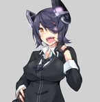  breasts checkered checkered_neckwear covered_nipples eyepatch fang fingerless_gloves gloves hand_on_hip headgear kantai_collection large_breasts looking_at_viewer mouth_pull necktie open_mouth plus9 purple_hair short_hair solo tenryuu_(kantai_collection) tongue tongue_out yellow_eyes 