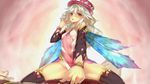  1girl ar_nosurge breasts casty_rianoit covered_nipples detached_sleeves hat highres long_hair ntny official_art pointy_ears red_eyes red_hair sexually_suggestive small_breasts solo_focus straddling surge_concerto thighhighs white_hair wings 