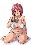  barefoot bikini blush breasts brown_eyes brown_hair camera cleavage fingerless_gloves gloves large_breasts older rozen_maiden shiny shiny_skin side-tie_bikini sitting smile solo souseiseki swimsuit thighs tsuda_nanafushi wariza wide_hips 