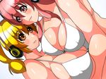  bikini blonde_hair breasts cleavage headphones huge_breasts isuna large_breasts long_hair multiple_girls nitroplus pink_eyes pink_hair plump smile super_pochaco super_sonico swimsuit twintails yellow_eyes 