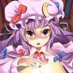  :o book bow crescent fuente hair_ribbon hat hat_bow long_hair lowres mob_cap patchouli_knowledge purple_eyes purple_hair ribbon tied_hair touhou v-shaped_eyebrows 