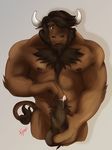  abs ball_fondling balls beard biceps big_muscles blue_eyes bovine brown_fur brown_hair cattle chest_tuft facial_hair foreskin_play fur fynnwolfie hair horn inviting looking_at_viewer male mammal muscles pecs penis plain_background precum rockblackhorn smile solo tuft uncut 