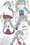  1girl :d :o ? admiral_(kantai_collection) ahoge blue_bow blue_neckwear blush bow bowtie check_translation fang gloves grey_eyes grey_hair hair_bow hair_ornament hair_ribbon hands kantai_collection kiyoshimo_(kantai_collection) long_hair long_sleeves open_mouth out_of_frame pantyhose parted_lips pleated_skirt red_skirt ribbon school_uniform shirt simple_background skirt smile sparkle sparkling_eyes tooth translated translation_request twintails utsushige vest white_background white_gloves white_shirt 