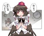  black_hair black_wings blush clock commentary downscaled hammer_(sunset_beach) hat looking_away md5_mismatch open_mouth red_eyes resized shameimaru_aya short_hair skirt smile solo tokin_hat touhou translated wings 