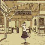  adjusting_clothes adjusting_hat bow fare_gate hat hat_bow looking_back maruhachi_(maruhachi_record) monochrome necktie ribbon short_hair skirt smile solo suitcase tactile_paving touhou train_station usami_renko 