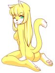  2014 alpha_channel anthro black_nose blonde_hair breasts butt cat feline female fur green_eyes hair long_hair looking_at_viewer looking_back mammal nude one_eye_closed pawpads plain_background solo transparent_background yellow_fur zyira 