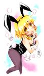  absurdres animal_ears ayakashi_(monkeypanch) blonde_hair bow bowtie breasts bunny_ears bunny_tail bunnysuit cleavage detached_collar grey_legwear hair_ribbon highres leotard looking_up moriya_suwako open_mouth pantyhose ribbon short_hair small_breasts solo tail touhou wrist_cuffs yellow_eyes 