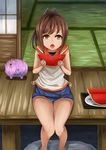  brown_eyes brown_hair dark_skin eating food fruit i-401_(kantai_collection) kantai_collection knees_touching looking_at_viewer okitsu_(okitwo) open_mouth ponytail sailor_collar school_swimsuit swimsuit swimsuit_under_clothes watermelon 